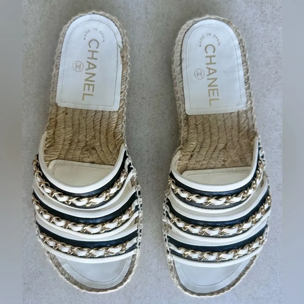 CHANEL Chain Lambskin Espadrille Slip On Sandals  EU 37 US 6-6.5 Black & White